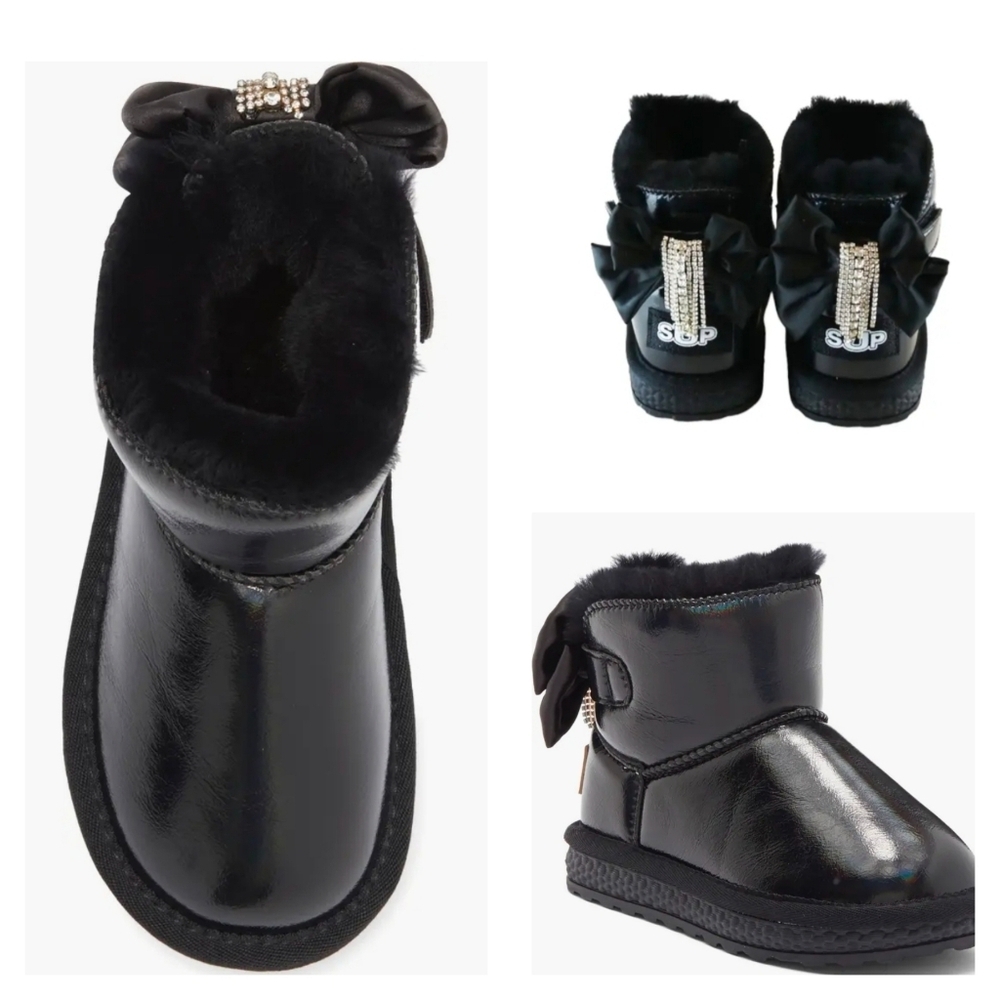 Metallic Black Faux Fur Rhinestone Tassel Bow Boots